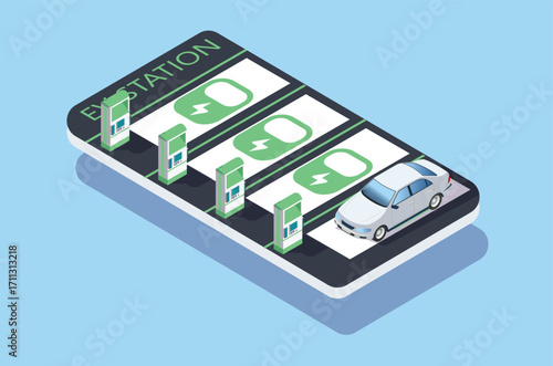 Isometric Charging electric cars at toll road rest area with fast supercharger stations and many charging points. Vehicles at renewable solar panel energy battery storage station on grid network. 