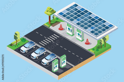 Isometric Charging electric cars at toll road rest area with fast supercharger stations and many charging points. Vehicles at renewable solar panel energy battery storage station on grid network. 