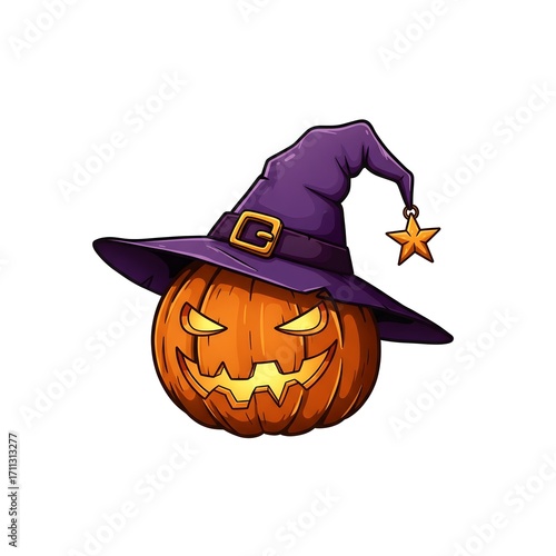 Halloween pumpkin with witch hat isolated on white background. Vector illustration.