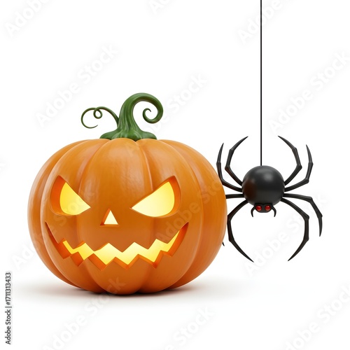 Halloween pumpkin with spider isolated on white background. 3d render