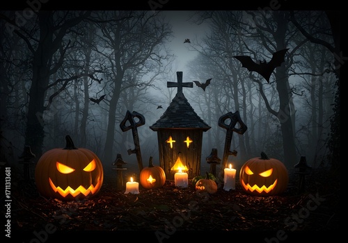 Halloween background with pumpkins, bats, cemetery and other objects