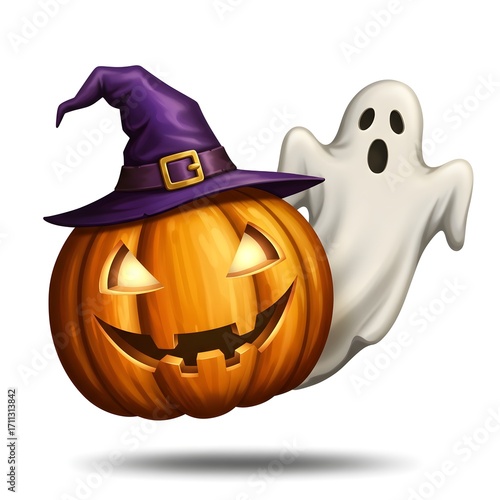 Halloween pumpkin in witch hat and ghost isolated on white background. Vector illustration.