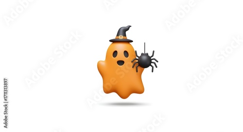 Halloween orange ghost with black spider isolated on white background. Vector illustration.