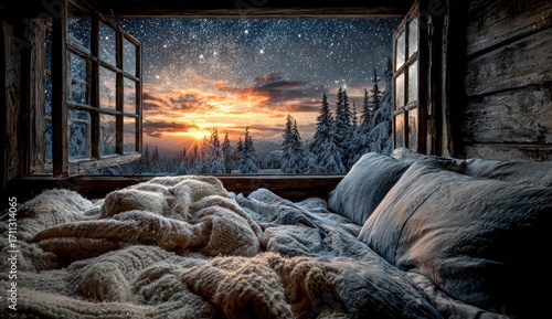 Cozy winter cabin window view