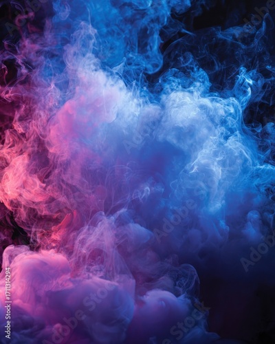 Vibrant cloud-like swirls of pink, purple, and blue smoke flow against a dark background, creating an ethereal and captivating spectacle