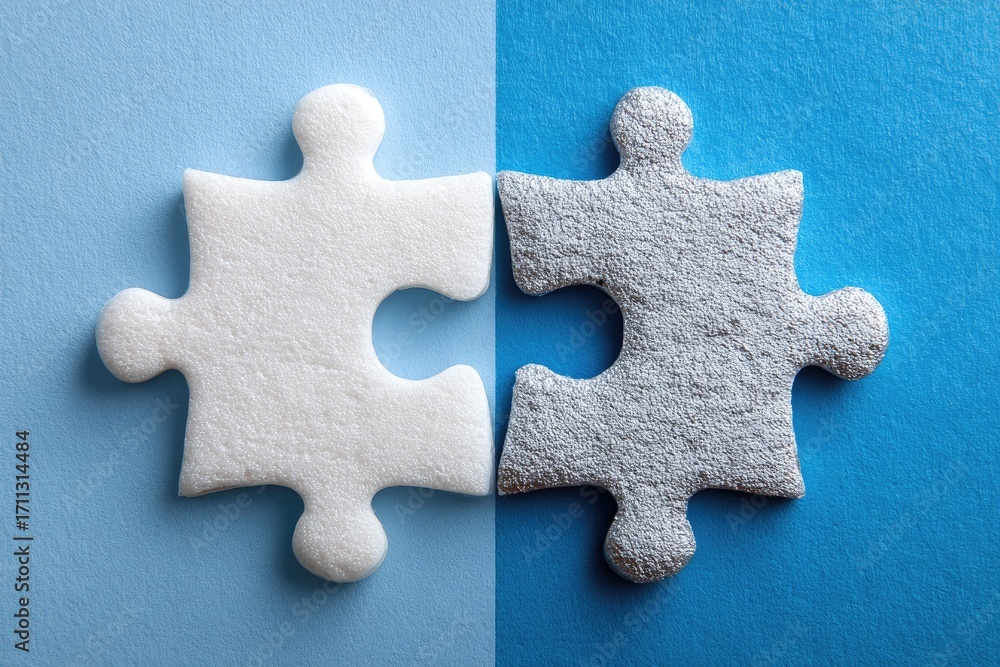Obraz premium Two puzzle pieces, white and light gray, joined together on a light blue and darker blue background