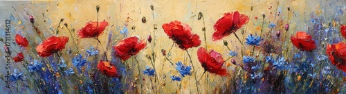 Vibrant field of red poppies and blue cornflowers under a warm, bright sky. Rich, textured painting with soft brushstrokes conveying gentle movement