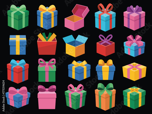 Vector illustration set of colorful cartoon gift boxes with ribbons and bows, isolated icons for Christmas, birthday, celebration, holiday decorations, and festive design projects.