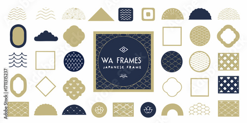 Collection of japanese wa frames and decorative elements in gold and navy blue