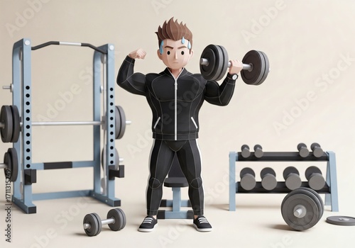 A 3D character of a strong man in a tracksuit flexing his muscles while holding a dumbbell in a gym.