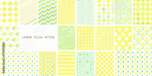 Collection of cheerful lemon yellow and mint green abstract geometric patterns and textures