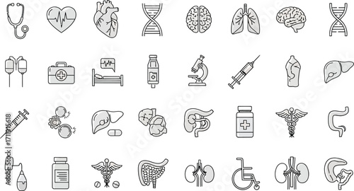 Collection of medical icons including organs, healthcare equipment, and pharmaceuticals on white background