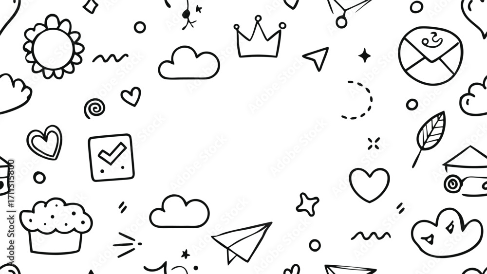 Obraz premium Hand drawn doodle elements on white background border sketch