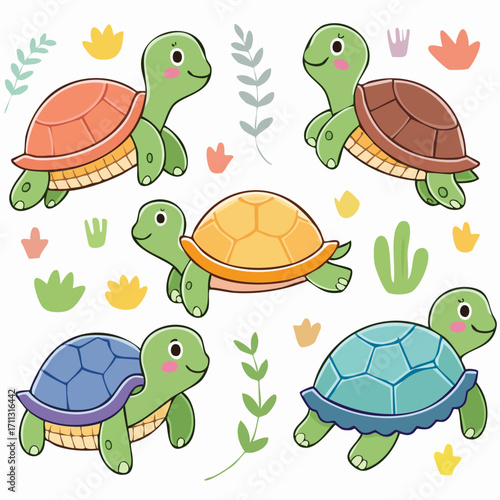 Adorable Cartoon Turtles Collection A Whimsical Set of Six Playful Reptiles in Various Poses and Shell Designs, Perfect for Children's Designs