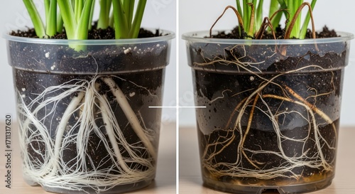 Healthy vs. Unhealthy Plant Roots in Transparent Pots