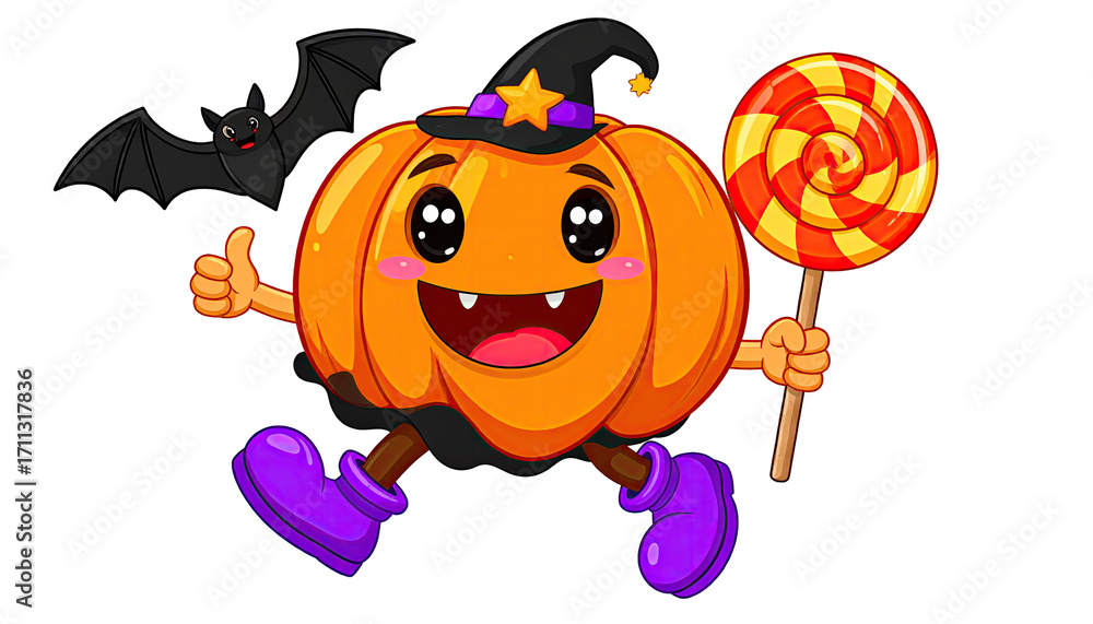 Fototapeta premium Cute pumpkin character holding a lollipop