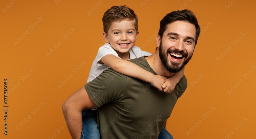 Fototapeta premium Cheerful father and son piggybacking in studio capturing a happy family moment
