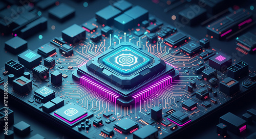 A vibrant, glowing CPU on a dark motherboard with intricate neon circuits, representing the core of advanced AI and quantum computing technology of the future