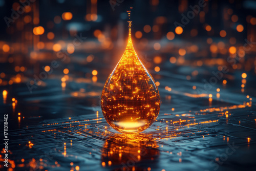 Golden water droplet on a circuit.