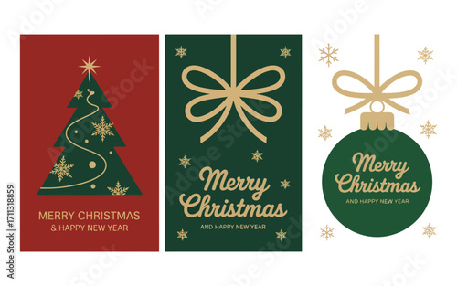 Merry Christmas greeting card and poster clipart set with tags, pine tree, gift box, xmas balls, paper cut decoration elements, elegant invitation collection vector illustration.