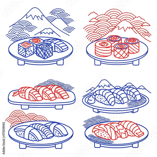Six plates of sushi with mountain and wave designs in red and blue line art.