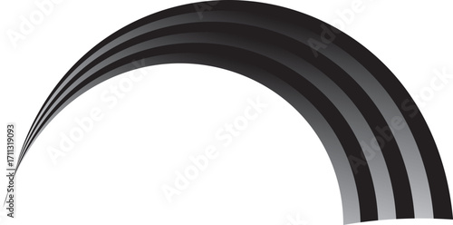 Concentric curved bands in black-to-gray gradients form a semi-circular arc. A clean, symmetrical abstract design emphasizing depth, contrast, and geometric flow—ideal for modern visual art.