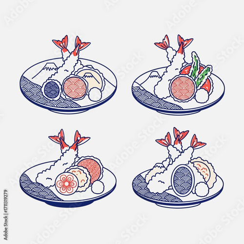 Four plates of tempura with dipping sauce and other fried foods.