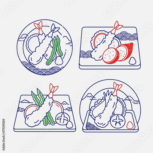 Four illustrations of Japanese tempura dishes, featuring shrimp, vegetables, and a variety of accompaniments.