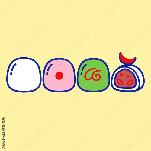 A cute cartoon illustration of four colorful Japanese mochi sweets lined up on a yellow background.