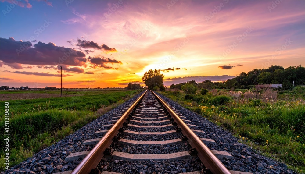 Obraz premium Railroad Tracks Stretch Towards a Vivid Sunset with Lush Green Fields and Distant Trees Under a Colorful Sky with Clouds and Warm Light