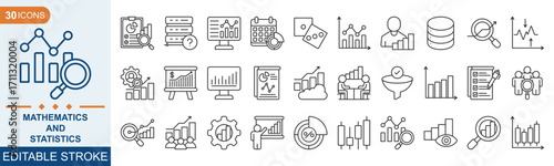 A set of line icons related to mathematics and statistics. Math, statistics, graph, calculate, curves, science, measurement, and so on. Vector editable stroke eps 10