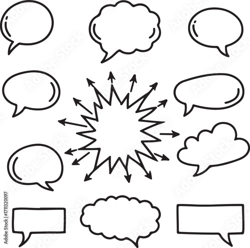 Hand Drawn Doodle Speech Bubbles, Thought Clouds, and Comic Burst Elements