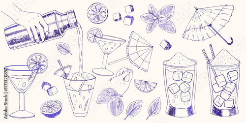 Hand drawn sketch of summer cocktails being prepared with fresh ingredients and garnishes