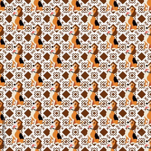 A graphic pattern that repeats continuously using the image of a Beagle dog sitting with its tongue sticking out cutely as the main element. The background is inserted with orange-brown geometric pat