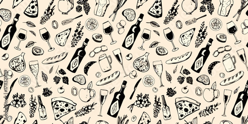 Hand drawn sketch pattern of food and drinks including wine bottles glasses pizza bread cheese grapes and fruits on a light background