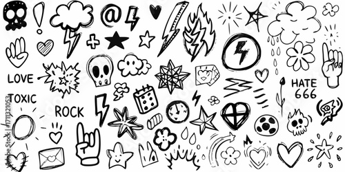 Collection of hand drawn doodle icons and symbols with a rock and roll and punk aesthetic