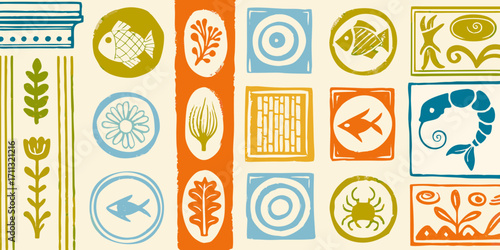 Retro mid century modern style illustrated pattern with sea life and botanical motifs