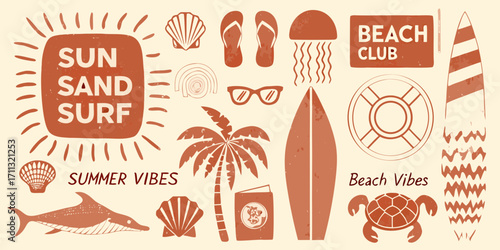 Collection of summer beach icons with sun sand surf and beach club text