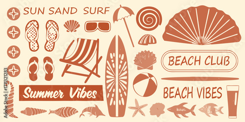 Retro summer beach vibes collection with sun sand surf and beach club elements