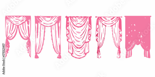Collection of five different pink draped curtains and swags in a hand drawn sketch style