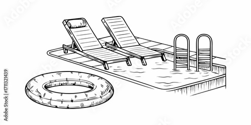 Black and white sketch of two lounge chairs by a swimming pool with a float and ladder