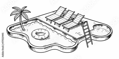 Isometric black and white sketch of a swimming pool with lounge chairs and a palm tree