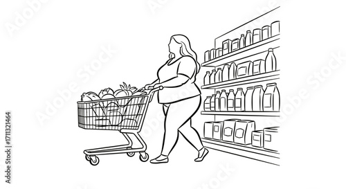 Plus-sized woman shopping with a cart in a grocery store aisle  