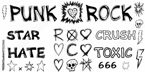 Hand drawn punk rock lettering and symbols with lightning bolts skulls hearts and stars
