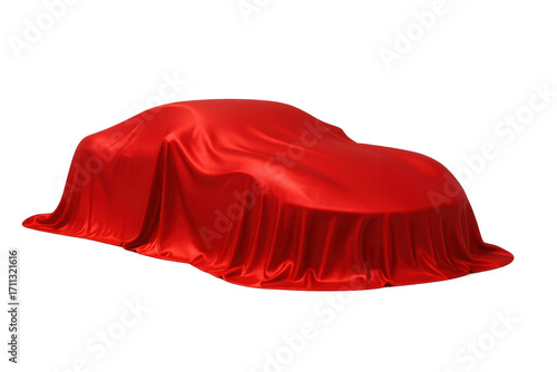 Sports car covered with red silk cloth on transparent background