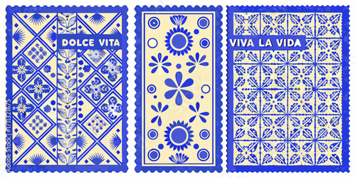 Three decorative postage stamps with blue and cream floral patterns and text