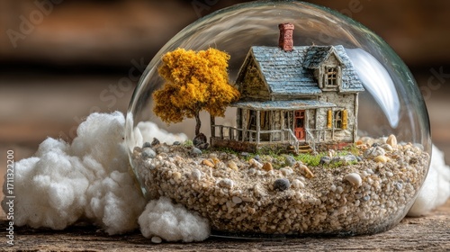 Miniature home in glass sphere, nestled on clouds