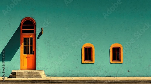 Teal wall, vibrant orange door and windows