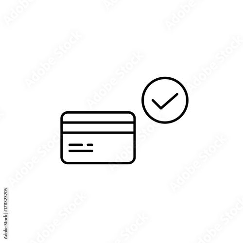 Credit card and checkmark. Purchase approved, safe payment and transactions. Pixel perfect, editable stroke vector icon