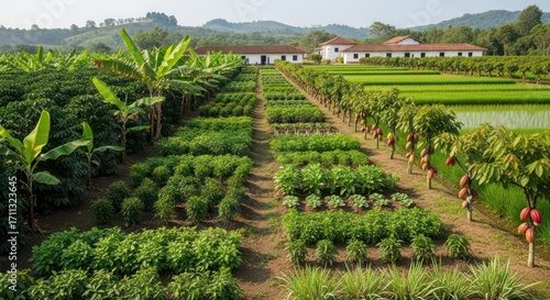 Lush Colombian Farm with Diverse Crops, Banana Trees, and Cocoa Pods in a Rural Setting